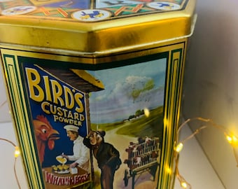 Vintage Made in England Storage Tin Bird’s  Custard Eight Sided Great Graphics