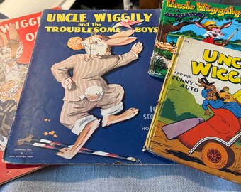 May include: A collection of four vintage Uncle Wiggily children's books featuring illustrated covers. Titles include Uncle Wiggily Starts On, Uncle Wiggily and the Troublesome Boys, Uncle Wiggily and the Alligator, and Uncle Wiggily and His Funny Auto.