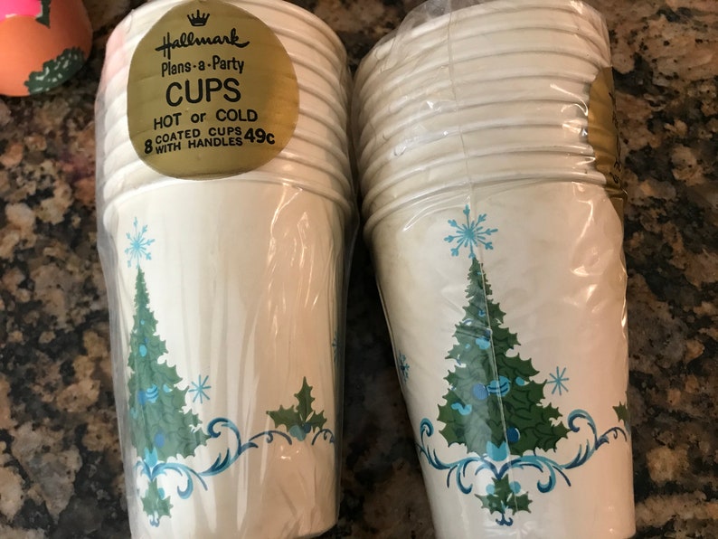 Vintage Hallmark Retro 1960s Paper Christmas Hot Cold Cups Two Available In original Wrapping Old New Stock Blue Green Christmas Tree