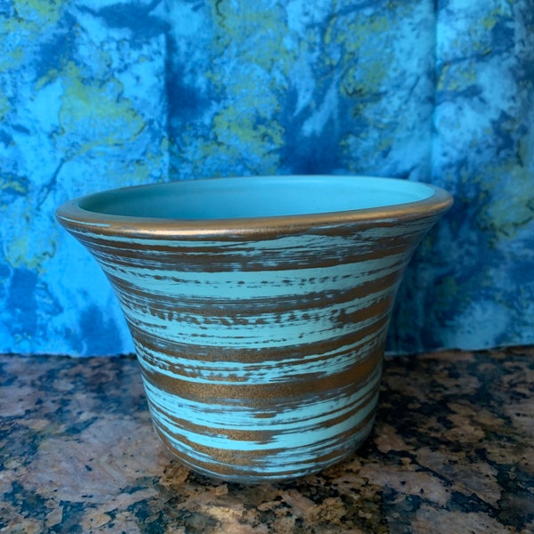 Mid Century Modern Turquoise and Gold Small Planter Retro Garden Numbered USA Four Inches Tall