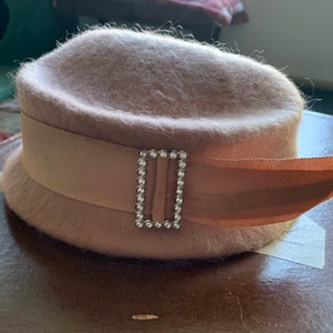 Vintage Pink and Rhinestone Buckle Shagfelt Hat Mid Century Fashion Hat