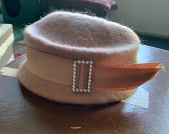 Vintage Pink and Rhinestone Buckle Shagfelt Hat Mid Century Fashion Hat