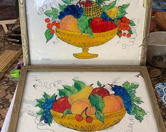 Pair of Vintage Framed Reverse Painted Foil Paintings Beautiful Colors Fruit Bowls Farmhouse Country House Decor