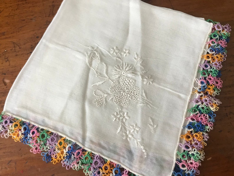 Irish Linen Crochet Bride Handkerchief Rainbow Colored Open Crocheted Edgesm White Open Embroidery Flowers Made in Ireland Hankie