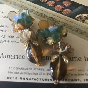 Vintage Glass Assemblage Dangle Drop Clip on Earrings Leaves Flowers 2 Inch Dangle Miriam Haskel Style Cluster Jewelry