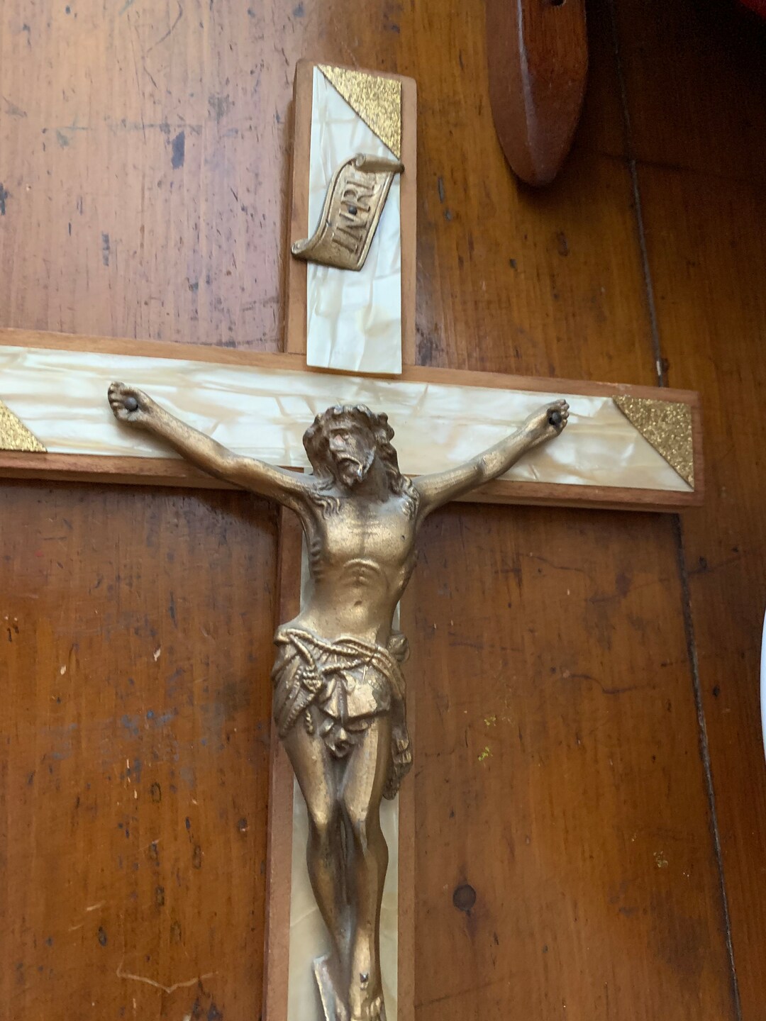 1950s Mid Century Jesus on the Cross Crucifix Wall Hanging Sparkly Gold Velum on Wood Religious