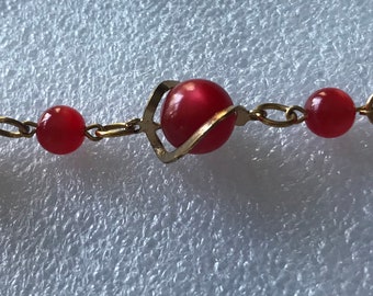 Vintage Atomic Space Age Gold Sphere Red Pearlized Bracelet 1960s Jewelry Link Bracelet