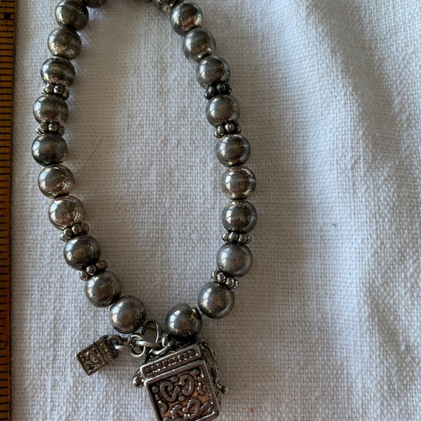 Faux Silver Bead Stretch Bracelet with Treasure Chest Charm that opens and a Tiny Chest Charm That Doesn’t Open