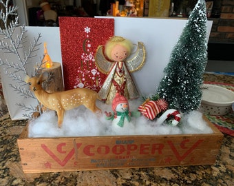 OOAK Vintage Wood Cheese Box Christmas Diorama Deer Angel tree topper Snowman Assemblage