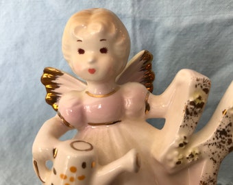Vintage Josef Originals Pink Angel 4th Birthday Angel Figurine Porcelain Foil Label Intact