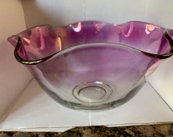 Vintage Ruffled Glass Salad Bowl Ruffled Edges Shiny Purple Ombré Decorated Rim