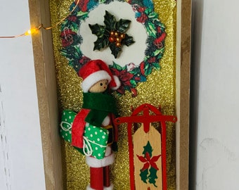 OOAK Vintage Little Miniature Christmas Assemblage Clothes Pin Santa Miniature Wood Sleigh in Wood Display