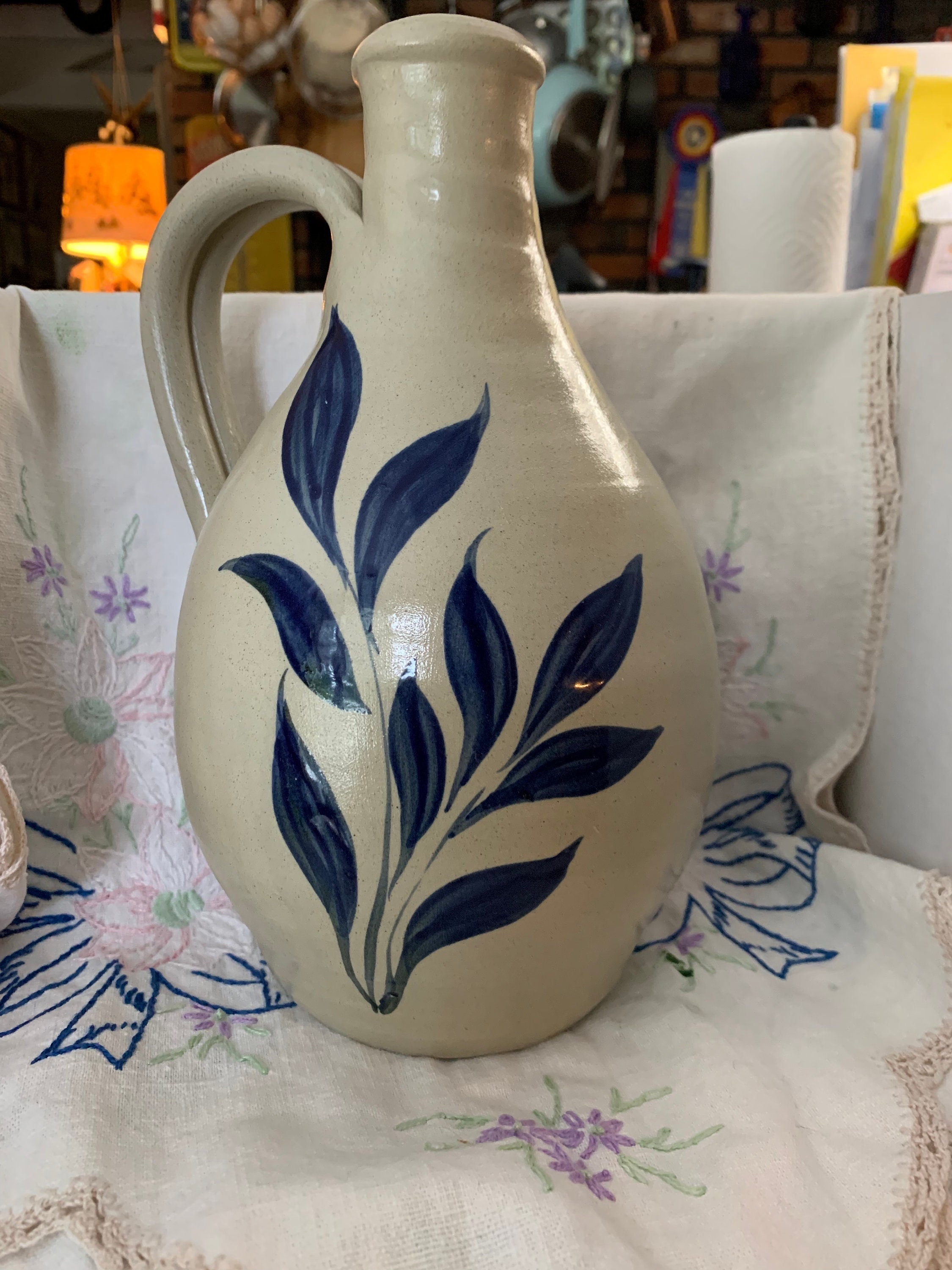 Williamsburg Salt Glaze Pottery Jug With Handle Navy Blue Etsy