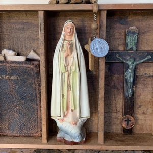 Antique Wooden Catholic Shrine Art Assemblage Antique Crucifix Small Antique Leather Bound New Testament Chalkware Our Lady of Lourdes.