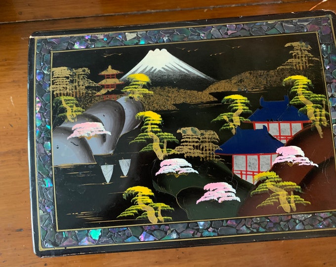Vintage Crestline Japan Black Lacquer Music Jewelry Box Mid Century