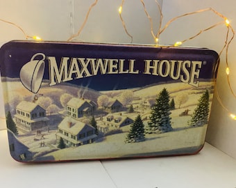 Vintage Maxwell House Coffee Storage Tin Container Winter Scenes