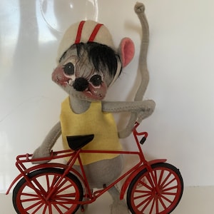 1987 Vintage Annalee Bicycle Mouse with Bike Wearing Helmet Vintage Felt Cloth Doll