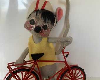 1987 Vintage Annalee Bicycle Mouse with Bike Wearing Helmet Vintage Felt Cloth Doll
