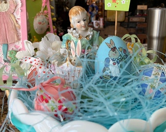 Vintage Easter Display Assemblage in White Milk Glass Bowl Porcelain Sitting Lady and Separate Porcelain Basket