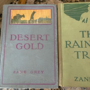 Two Antique Children Western Adventure Books Zane Grey 1915 1913 Rainbow Trail Desert Gold Color Lithograph