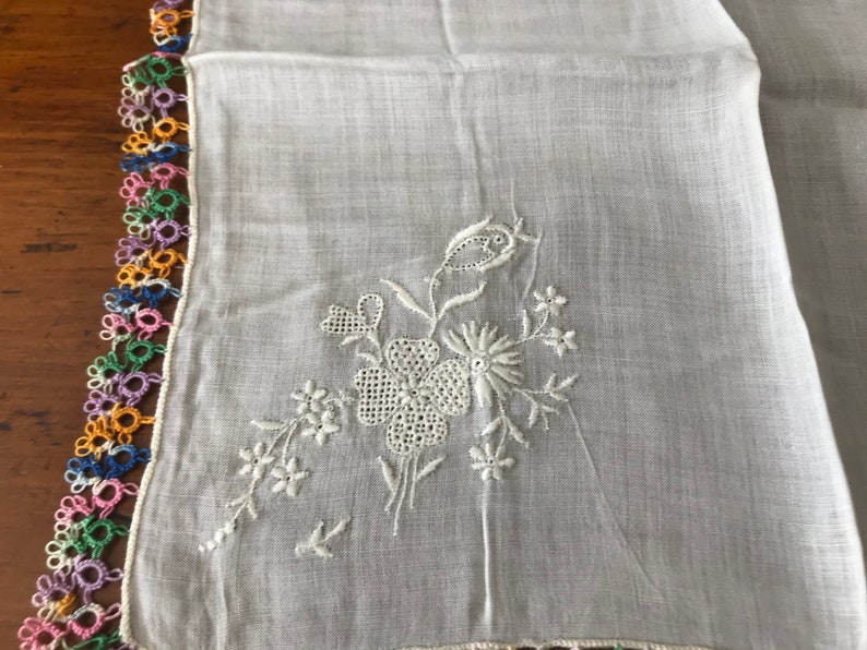 Irish Linen Crochet Bride Handkerchief Rainbow Colored Open Crocheted Edgesm White Open Embroidery Flowers Made in Ireland Hankie