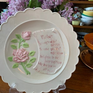 Lovely Vintage Hand Painted White and Pink Roses Ceramic Mothers Day Plate Scalloped Edges Cottage Core Farmhouse Decor Care Inc. 1976