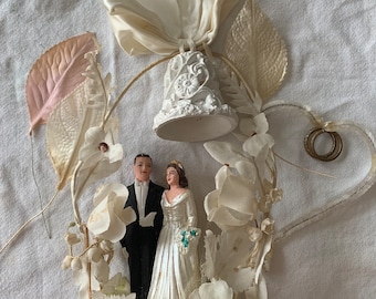 1950s Vintage Wedding CakeTopper Bisque Bell and Stand Bride and Groom