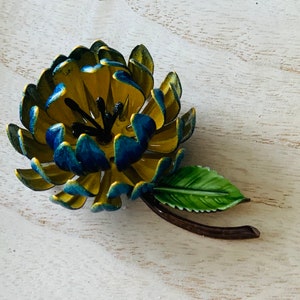 Vintage Enameled Brooch Many Petals Navy Blue Shades of Green