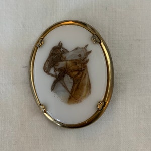 Hand Painted Horses on Porcelain Vintage Brooch
