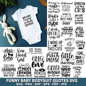 Puede incluir: Un body de bebé blanco con el texto "I'M NOT crying I'M ORDERING DINNER" en negro. La imagen también presenta varias citas SVG para bodies de bebé, incluyendo "Mini Boss" y "Daddy's Drinking Buddy."