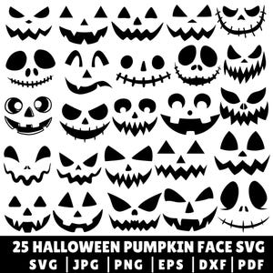 以下が含まれることがあります： さまざまな表情の25個の黒いハロウィーンカボチャの顔のデザインのコレクション。顔には、さまざまな目の形、鼻、口があり、彫刻やクラフトに最適です。画像には「25 HALLOWEEN PUMPKIN FACE SVG」というテキストとファイルタイプのオプションも含まれています。