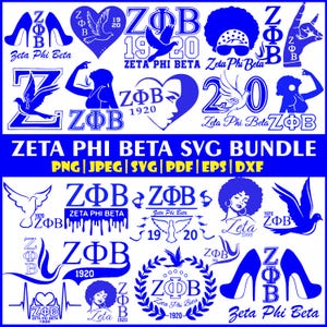 May include: A blue SVG bundle featuring various Zeta Phi Beta designs. Includes high heels, doves, hearts, and stylized text elements. The text "Zeta Phi Beta" and the year "1920" are prominent. Formats include PNG, JPEG, SVG, PDF, EPS, and DXF.