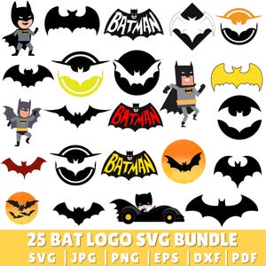 May include: A collection of 25 Batman-themed logos and illustrations. The designs include the Batman logo, bat silhouettes, and cartoon illustrations of Batman. The color palette includes black, yellow, red, and orange. The text "25 BAT LOGO SVG BUNDLE" is displayed at the bottom.