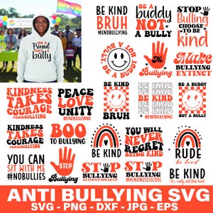 Puede incluir: Una colección de diseños SVG contra el acoso escolar en naranja y negro, con frases como "Sé amable", "Detén el acoso" y "Sé un amigo". Incluye una sudadera con la frase "Sé un amigo, no un matón".