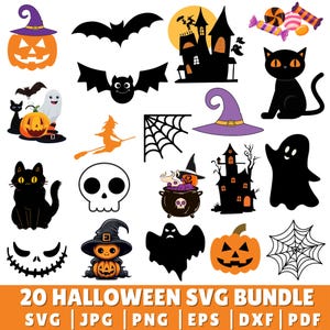 May include: A selection of Halloween-themed SVG graphics. Features a carved pumpkin, bats, a haunted house, a black cat, a witch's hat, a skull, a ghost, a spider web, and a cauldron. The text at the bottom reads "20 HALLOWEEN SVG BUNDLE".
