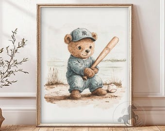 Baby Teddy Bear Baseball Nursery Art | Cute Sports Wall Art | Kids Room Decor | Printable Digital Download