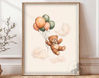 Arte de parede para quarto de bebê com ursinho de pelúcia, decoração de quarto de bebê com animais para imprimir, estampa vintage de balão, download digital