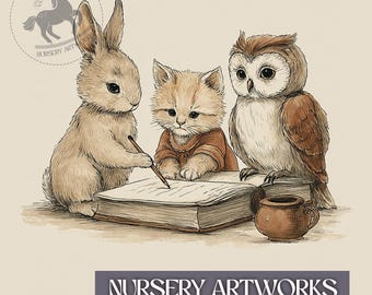 ストーリータイム動物保育園アートプリント：ウサギ、フクロウ、猫