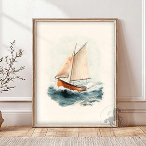 Puede incluir: Una pintura de acuarela de un velero con un casco marrón y velas blancas, navegando en un mar azul con olas blancas. El velero está en primer plano de la imagen, y el mar está en el fondo.