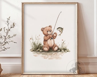 Teddy Bear Fishing Art: Vintage Nursery Print (Digital Download)