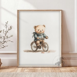 Arte de pared imprimible para habitación infantil con osito de peluche, impresión vintage de osito de bicicleta, descarga digital