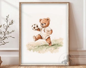 Teddy Bear Playing Soccer Nursery Art | Vintage Sports Animal Wall Art | Kids Room Decor | Printable Digital Download