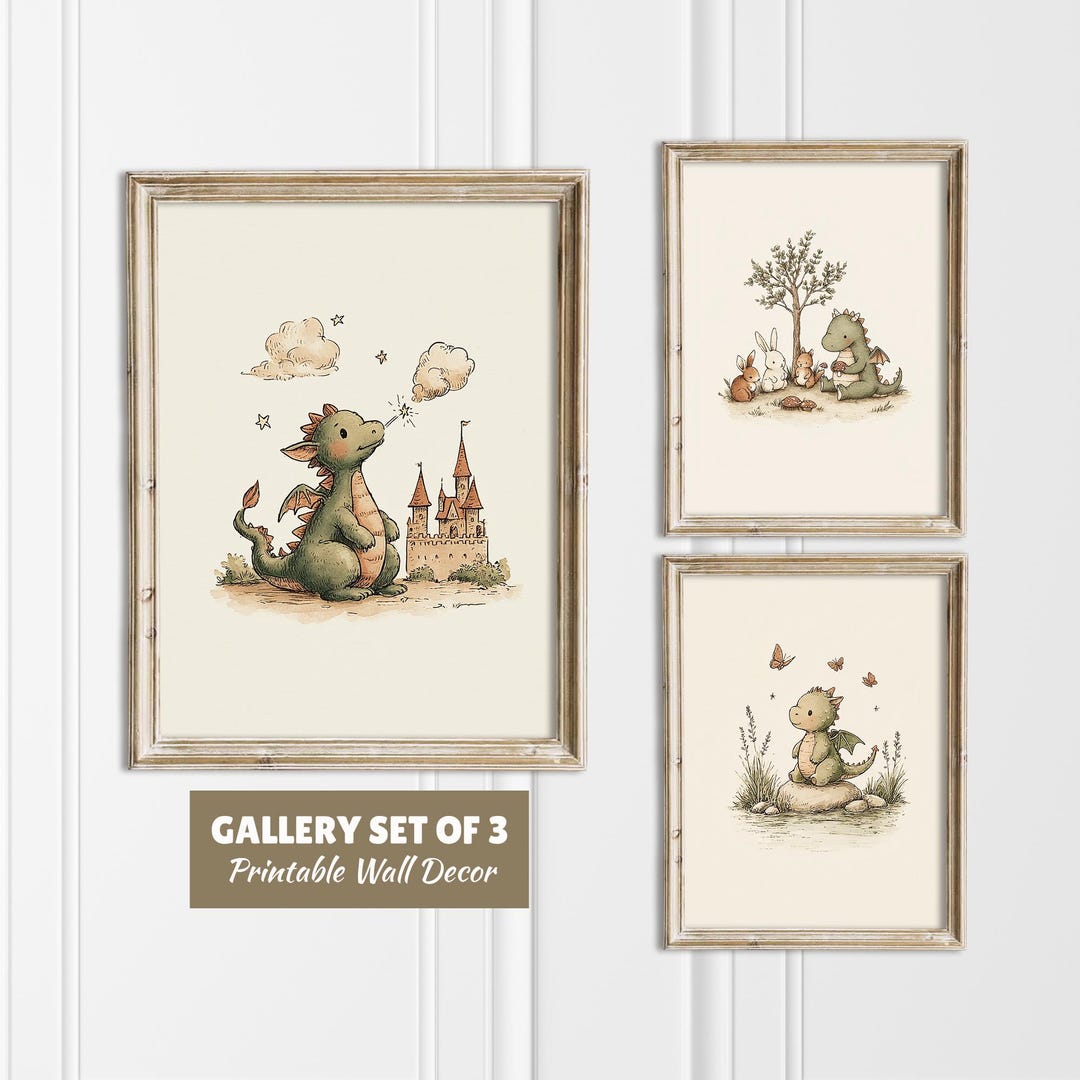 Dragon Nursery Wall Art Set: Fantasy Castle & Forest Friends (digital ...