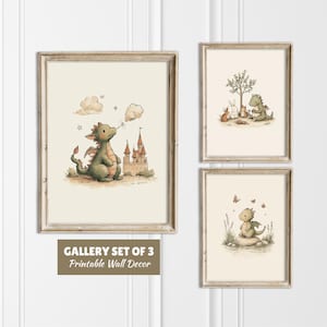 May include: Set of three framed prints featuring watercolor illustrations of friendly dragons. One print shows a dragon blowing sparkles near a castle. The other two prints show dragons with bunnies and butterflies. The text "GALLERY SET OF 3 Printable Wall Decor" is at the bottom.