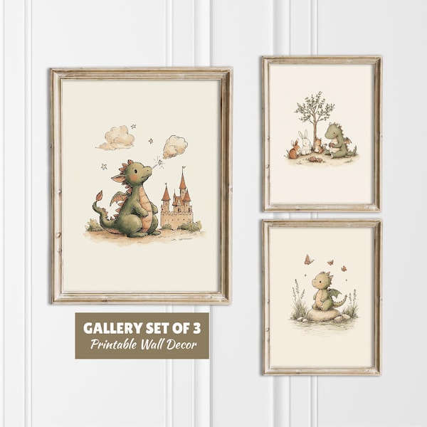 Set de arte de pared para guardería de dragones: Castillo de fantasía y amigos del bosque (Descarga digital)