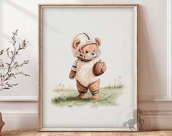 Teddy Bear Playing Football Nursery Art | Vintage Sports Animal Wall Art | Kids Room Decor | Printable Digital Download