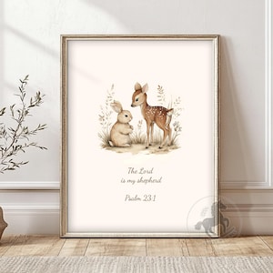 Psalm 23 Nursery Wall Art, Printable Religious Nursery Decor, Bunny And Deer Scripture Poster Print, Digital Download