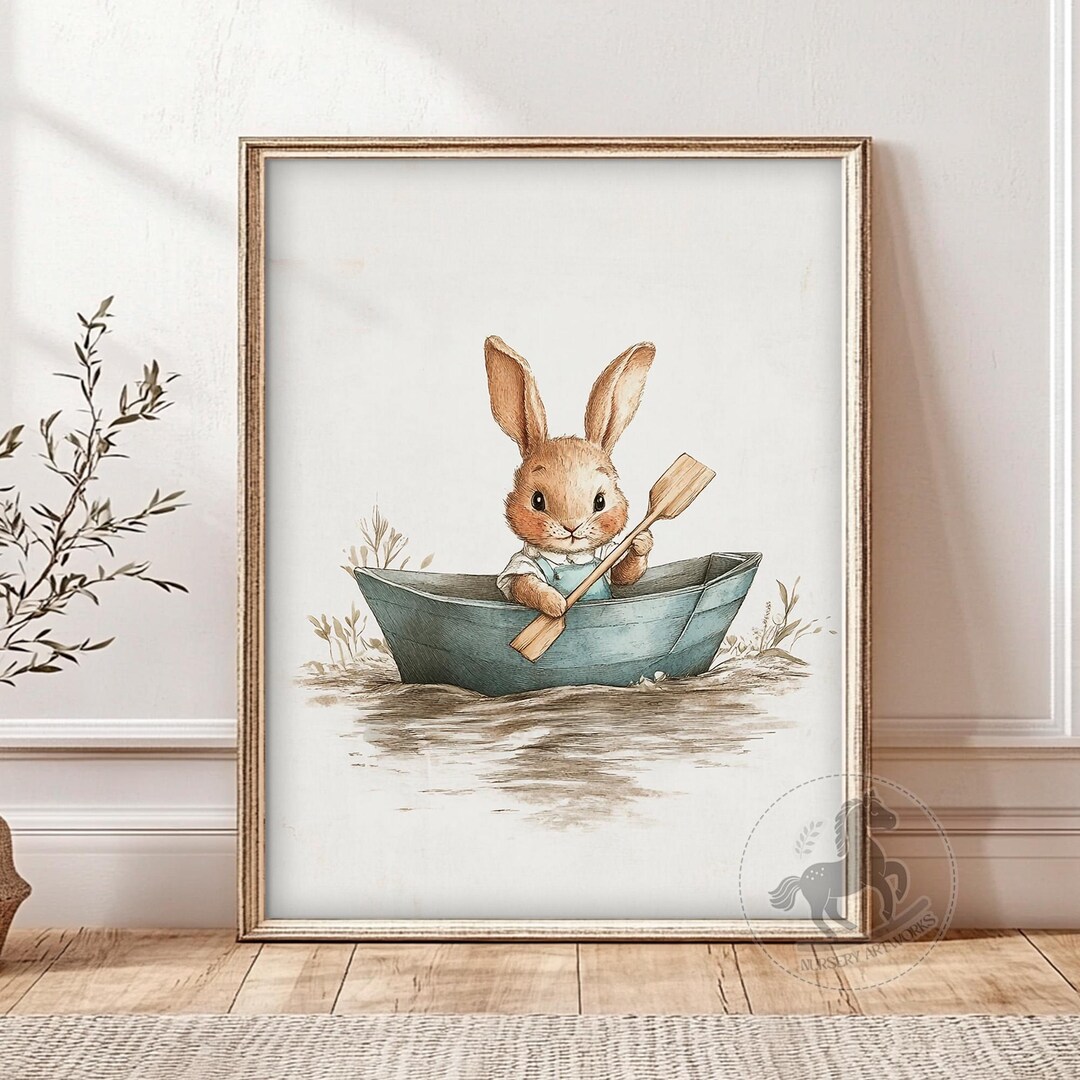 Bunny Rowing Boat Nursery Print: Woodland Adventure Art (digital ...