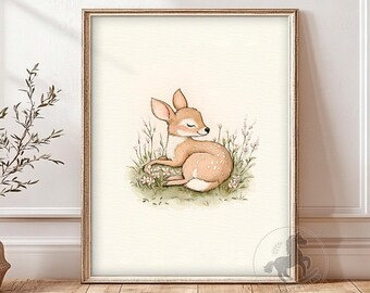 Baby Deer Nursery Wall Art, PRINTABLE Woodland Nursery Decor, Vintage Fawn Print, Digital Download