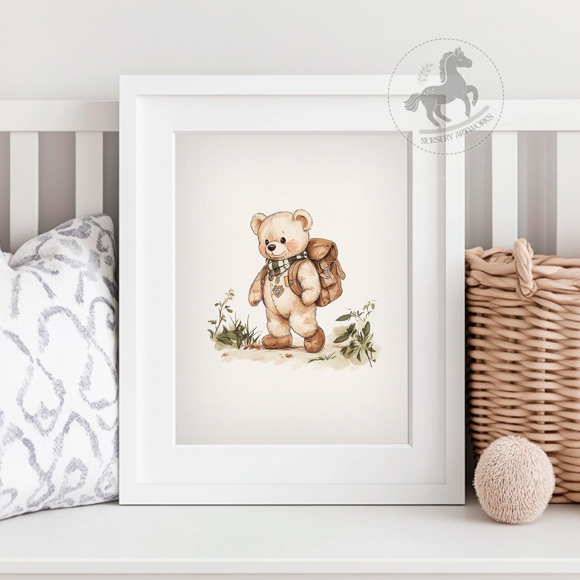 テディベアのハイキングプリント：ヴィンテージの保育園の冒険アート